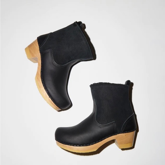 No. 6 Shoes - No.6 5" Pull on Shearling Clog Boot on Mid Heel in Black Suede